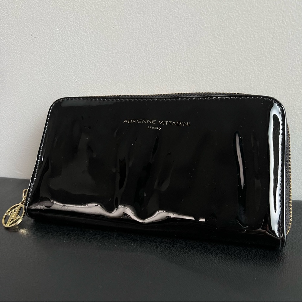 Adrienne Vittadini Black Patent Zip-Around Wallet with Gold Zip Pull